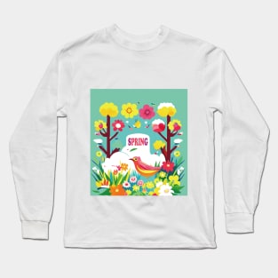 Blooming Spring Delight: Vibrant Flowers and Playful Birds Art Print Long Sleeve T-Shirt